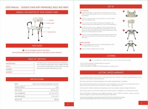 User manual page for the Arms And Back Shower Chair With Tool Free Assembly, showing setup instructions and diagrams.