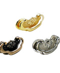 Three vintage bail drawer pull handles in zinc die cast with black, gold, and silver finishes, showcasing different design options.