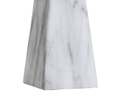 White Marble Look Resin Table Lamp With Faceted Contemporary Design, base detail, pyramid shape, cool bedside lamp for bedroom