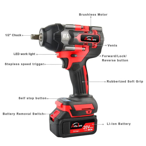 Cordless One Half Inch Impact Wrench Kit With Brushless Motor 20V Max Rechargeable Lithium Ion Battery And Charger Includes Six Sockets Lightweight Yet Powerful Pro Grade Tool For Auto Shop And Home Projects Auto Stop Nut Guard 260 Nm Torque product showing labeled parts
