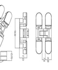 Technical drawing of small adjustable hidden cabinet hinges for soft close doors featuring dimensions and design details.