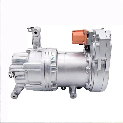 Oem Style Ac Compressor For Tesla Model 3 2017 To 2023 side view showing silver metal housing and orange connector.