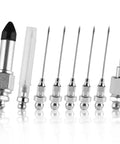 8-piece steel grease gun needle accessory set with six 18-gauge needles, dispenser needle and nipple adapter