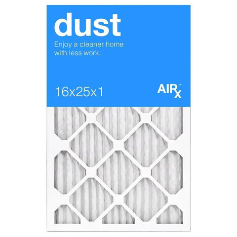 Image of Pleated Furnace Filter 16x25x1 MERV 8 Replacement That Keeps Lint Pollen Dust And Debris Out Six Pack packaging.
