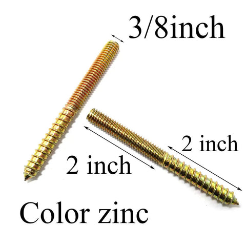 Built Like A Truck 8 Pack Galvanized Hanger Bolts 3/8 Inch By 4 Inch 16 Thread Double Headed Hardware For Wood Furniture Builds Rust Proof Zinc Finish That Grips Tight Every Time, showcasing 3/8 inch and 2 inch bolts.
