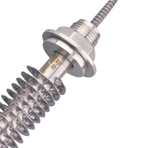 220V Electric Finned Air Heater Element M18 Thread Cartridge Radiator close-up of stainless steel coil and threaded end.