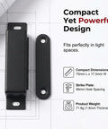 Heavy Duty 30 Lbs Stainless Steel Magnetic Door Latch With Super Strong Holding Power For Smooth Cabinet Drawer Catch And Seamless Black Closet Closure Without Jamming shown alongside specifications.