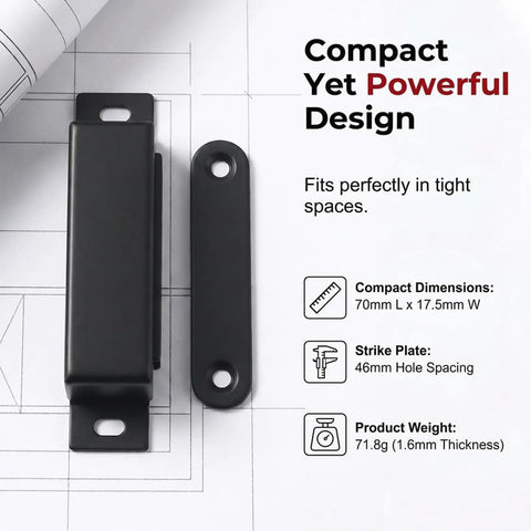 Heavy Duty 30 Lbs Stainless Steel Magnetic Door Latch With Super Strong Holding Power For Smooth Cabinet Drawer Catch And Seamless Black Closet Closure Without Jamming shown alongside specifications.