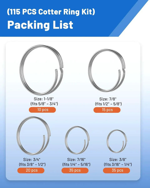 Heavy Duty Stainless Steel Cotter Rings With Dual Coil Design, 115 Pack, showing five sizes for clevis pins, rust-resistant.
