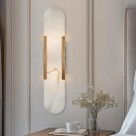 Backplate Sconce With Alabaster Shade Modern Bathroom Wall Light installed on wall, sleek design, thick backplate, three finishes, 20 In H