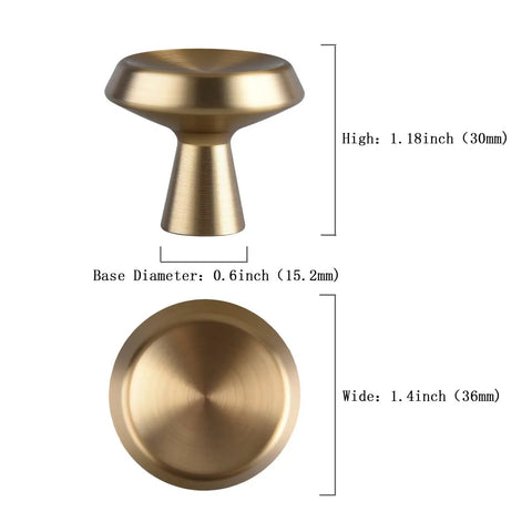 10 Pack Champagne Bronze Cabinet Knobs, 1.4 Inch Round Cabinet Pulls, dimensional view with diameter and height measurements.