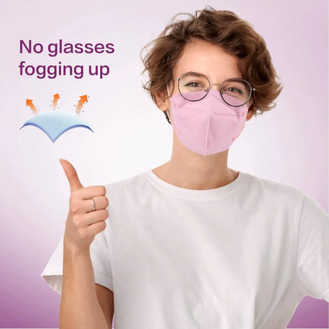 Person wearing pink KN95 face mask from 50 pack, 5 layer disposable respirator, multi color set, breathable, no glasses fogging.