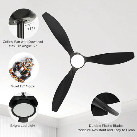 52 Inch Black Ceiling Fan With Lights Remote Control Whisper Quiet DC Motor Reversible Six Speeds Timers 3 CCT Dimmable Modern Indoor Fan