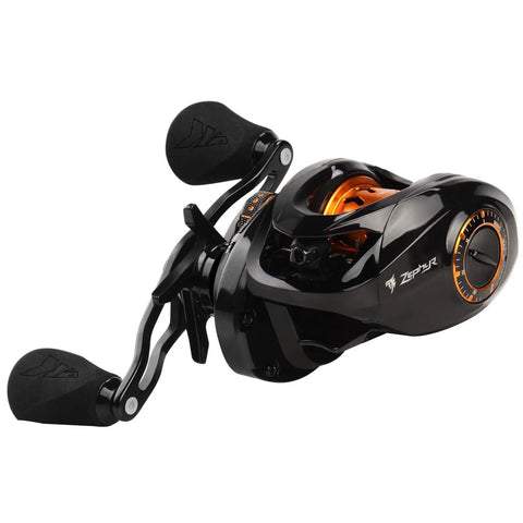 Zephyr Bait Finesse Baitcasting Reel, Carbon Fiber Construction, Right Hand Retrieve, Lightweight Precision Gear, Black and Orange Design