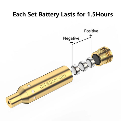 Red Laser Bore Sighter For 6.5 Creedmoor Caliber batteries diagram showing positive and negative alignment
