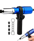 Cordless Drill Rivet Attachment With Quick Change Head Pro Grade Nut Tool Adapter, blue metal body with handle and rivet heads
