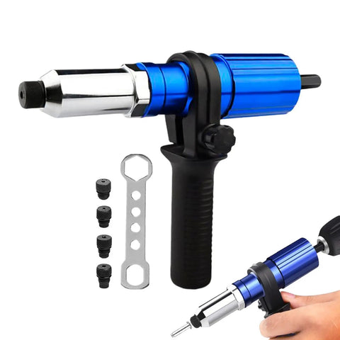 Cordless Drill Rivet Attachment With Quick Change Head Pro Grade Nut Tool Adapter, blue metal body with handle and rivet heads