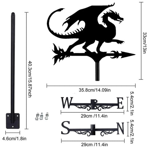 Dragon Weather Vane For Roof Metal Pterosaur Shape Weathercock Kit With Bracket Wind Direction Indicator For Outdoor Garden Yard European Style Decorative Weather Vane