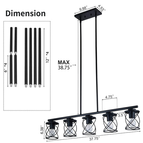 Five Light UL Certified Farmhouse Linear Pendant Light In Black Metal Adjustable Kitchen Island Fixture dimensions diagram