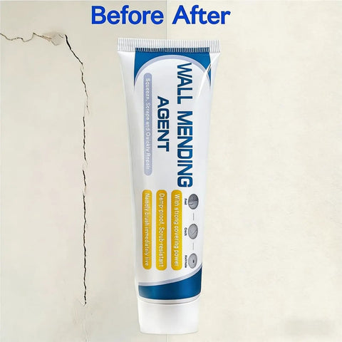 Drywall Patch Repair Kit With Scraper And Nozzle Extender, 5.3oz Paste Filler shown with before and after wall repair results