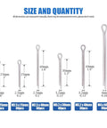 Diagram showing sizes of All In One 340 Piece Six Sizes 304 Stainless Steel Cotter Pin Clip Assortment Kit For Automotive Mechanics Car Garage Power