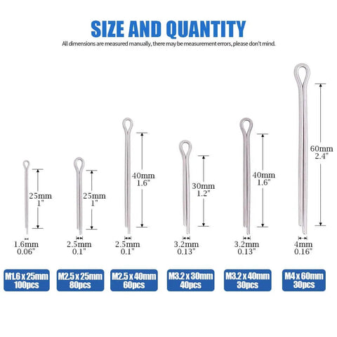 Diagram showing sizes of All In One 340 Piece Six Sizes 304 Stainless Steel Cotter Pin Clip Assortment Kit For Automotive Mechanics Car Garage Power