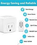Remote Control Outlet With 100 Ft RF Signal Wireless On Off Plug For Household Appliances Battery Included 15 Amp 1875 Watt Three Outlets Plus One Remote Easy Setup No Fuss shown with remote and features icons