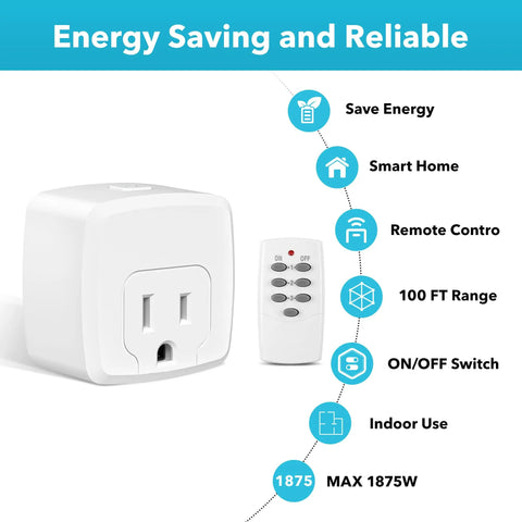 Remote Control Outlet With 100 Ft RF Signal Wireless On Off Plug For Household Appliances Battery Included 15 Amp 1875 Watt Three Outlets Plus One Remote Easy Setup No Fuss shown with remote and features icons