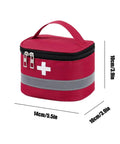 Red Multilayer Waterproof Medical Organizer Bag For Travel with handle and white cross symbol, 14cm x 10cm x 10cm.