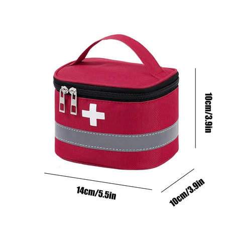 Red Multilayer Waterproof Medical Organizer Bag For Travel with handle and white cross symbol, 14cm x 10cm x 10cm.