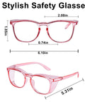2 Pack Woman Safety Glasses Stand Guard Against Dust And Blue Light With Anti Fog Side Shields Pink Clear Frames dimensions shown
