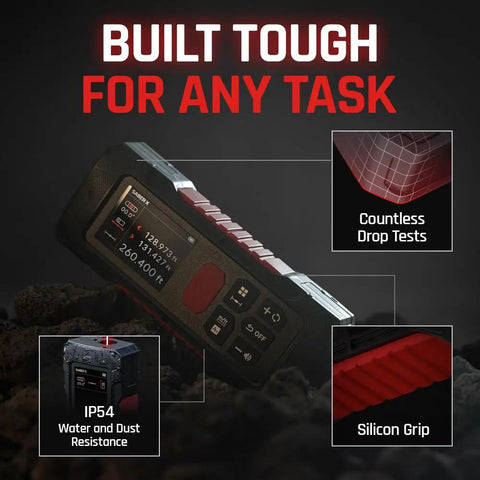 Dual Laser Distance Meter With Angle Sensor For Precision Measuring Up To 80M Captures Left Right And Total Distances In One Shot rugged IP54 housing with silicon grip