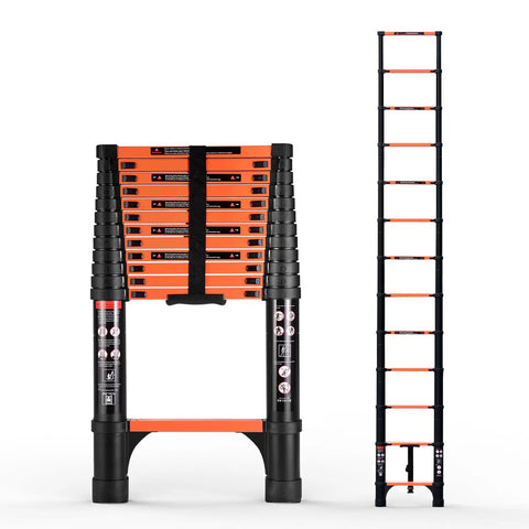 Telescoping Aluminum Ladder 12.5 Feet, Heavy Duty Extension Ladder With 330 Lb Capacity shown collapsed and fully extended.