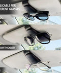 Keep Your Ride Looking Sharp With This Two Pack Magnetic Sunglass Holder Upgrading Leather Visor Clip showcasing different glasses sizes.