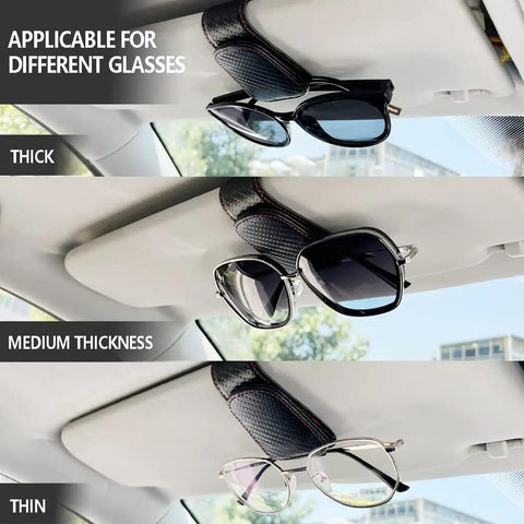 Keep Your Ride Looking Sharp With This Two Pack Magnetic Sunglass Holder Upgrading Leather Visor Clip showcasing different glasses sizes.