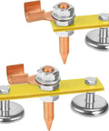 Upgrade Your Setup With This 2Pc Magnetic Welding Ground Clamp Kit Featuring Double Plus Single Magnet Heads For Super Strong Suction And Reliable Stability During Tough Welding Jobs, showing two magnetic clamps with copper and iron construction.