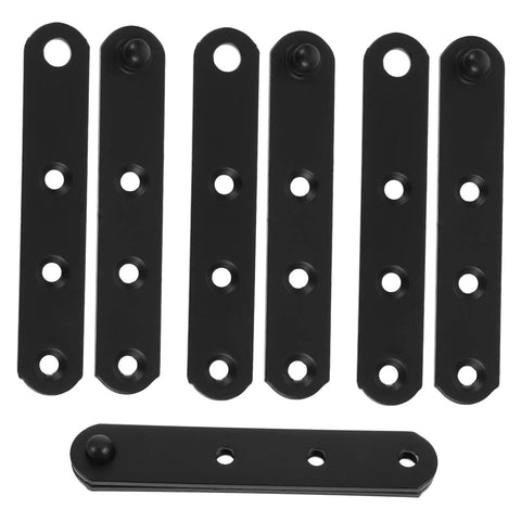 Seven black stainless steel hidden hinge plates with mounting holes for doors/windows