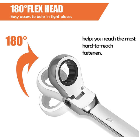 8 Piece Flex Head Ratcheting Wrench Set With 8 To 19 Millimeter Metric Chrome Vanadium Steel Wrenches