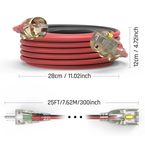 Heavy Duty Outdoor Extension Cord 25 Ft 14/3 Gauge Waterproof with Locking LED Plugs, coiled with dimensions