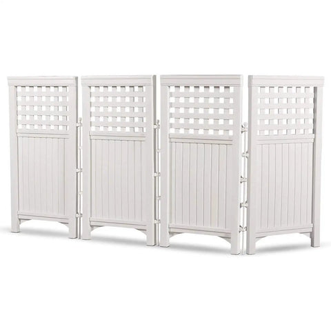 4-Panel Outdoor Screen Enclosure Freestanding Wicker Resin Privacy Screen With Reversible Hinged Panels for backyard use, white