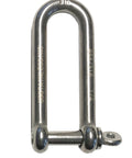 Close-up of 316 Stainless Long D Shackle One Quarter Inch Marine Grade Dee, Corrosion Resistant, Smooth Action, Heavy Duty.