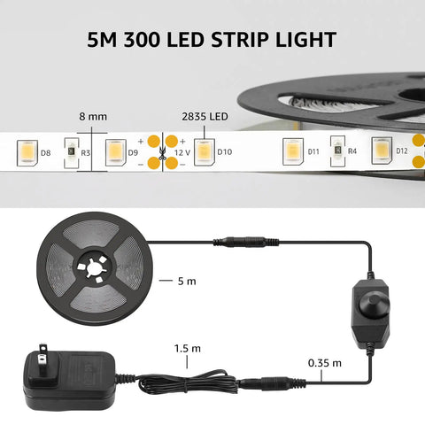 16.4Ft Dimmable LED Strip Lights With 300 High Brightness 2835 LEDs, Daylight White 6000K, wiring and reel layout