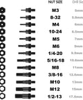 Mandrels and nut sizes in 16 Inch Hand Rivet Nut Tool Kit With 13 Mandrels And 125 Rivet Nuts Pro Grade Setter
