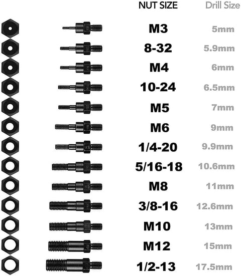 Mandrels and nut sizes in 16 Inch Hand Rivet Nut Tool Kit With 13 Mandrels And 125 Rivet Nuts Pro Grade Setter