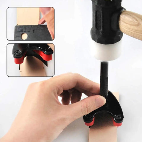 Pro Grade Belt End Cutter Punch Set V Type Leather Tool Kit cutting leather strap with black and red V-shaped punch, hand holding tool