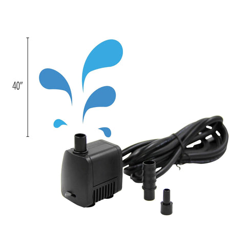 Compact Submersible Water Pump For Fountains Ponds And Birdbaths 119 GPH 40 Inch Lift Quiet Operation shown with 40" lift illustration