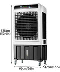 Portable Air Conditioner With Massive Water Tank And Free Ice Packs To Keep Your Space Chill As Ice All Day Long Includes Wireless Remote And Smooth Roll Casters For Bedroom Or Office, 128cm tall and 66cm wide.