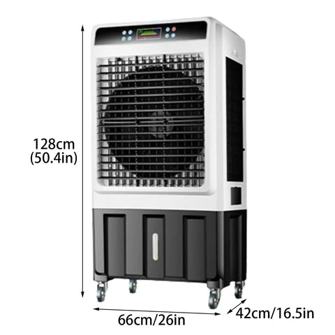 Portable Air Conditioner With Massive Water Tank And Free Ice Packs To Keep Your Space Chill As Ice All Day Long Includes Wireless Remote And Smooth Roll Casters For Bedroom Or Office, 128cm tall and 66cm wide.