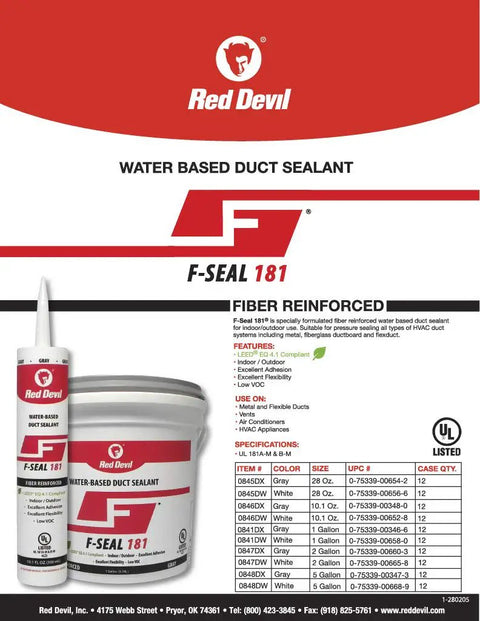 F-Seal 181 Fiber Reinforced Water Based Duct Sealant White 1 Gallon For Metal Fiberglass And Flexible Ducts Leak Free HVAC Sealant UL 181 A M B M Certified Indoor Outdoor Durability product display with container and tube.