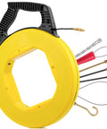 Heavy Duty 164 Foot Fiberglass Fish Tape Cable Puller Kit Featuring A Spring Drum Reel And Non Conductive Core, showing yellow reel and cables.